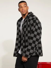 Manfinity Homme Men Checker Print Drop Shoulder Teddy Coat - Multicolor - View 5