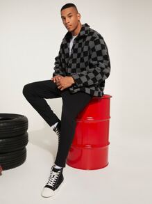 Manfinity Homme Men Checker Print Drop Shoulder Teddy Coat - Multicolor - View 7