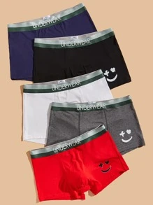 男士5入組表情圖案拼接字母織帶平角內褲