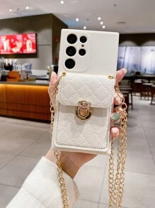 1pc Quilted Detail Card Slot Anti-fall Phone Case With Lanyard - Beige - View 1