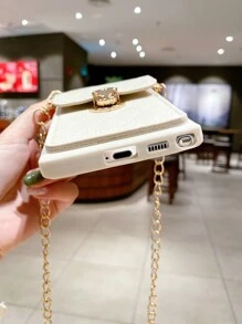 1pc Quilted Detail Card Slot Anti-fall Phone Case With Lanyard - Beige - View 3