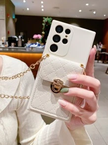 1pc Quilted Detail Card Slot Anti-fall Phone Case With Lanyard - Beige - View 4