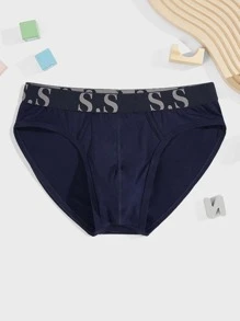 Men Contrast Letter Tape Brief - Navy Blue - View 1