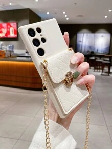 1pc Quilted Detail Card Slot Anti-fall Phone Case With Lanyard - Beige - View 5