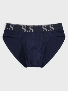 Men Contrast Letter Tape Brief - Navy Blue - View 3