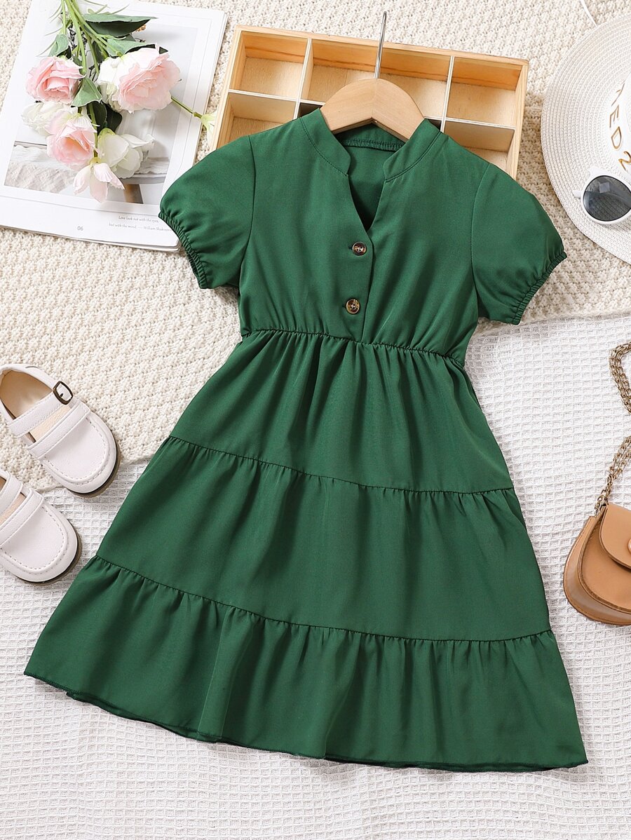SHEIN Toddler Girls Puff Sleeve Ruffle Hem Dress - Green - View 1