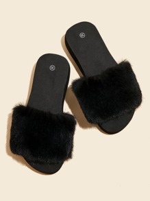 Girls Contrast Fluffy Slippers - Black - View 1