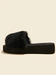 Girls Contrast Fluffy Slippers - Black - View 3