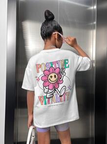 SHEIN Tween女孩圓領短袖針織印花t恤 - 白色 - 查看 1