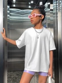 SHEIN Tween女孩圓領短袖針織印花t恤 - 白色 - 查看 3