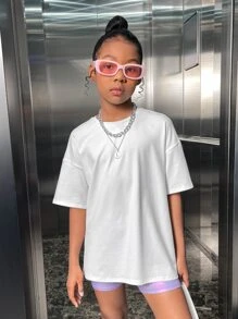 SHEIN Tween女孩圓領短袖針織印花t恤 - 白色 - 查看 4