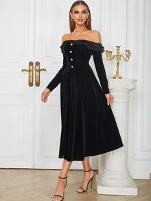 Off Shoulder Frill Trim Fake Button Velvet Dress - Black - View 3