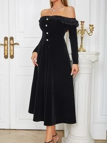 Off Shoulder Frill Trim Fake Button Velvet Dress - Black - View 4