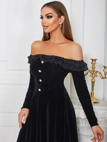 Off Shoulder Frill Trim Fake Button Velvet Dress - Black - View 5