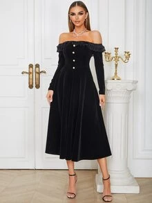 Off Shoulder Frill Trim Fake Button Velvet Dress - Black - View 6