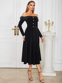 Off Shoulder Frill Trim Fake Button Velvet Dress - Black - View 7