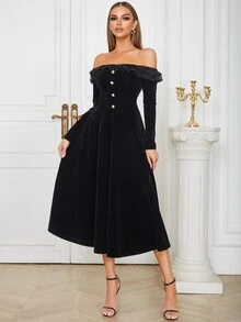 Off Shoulder Frill Trim Fake Button Velvet Dress - Black - View 8