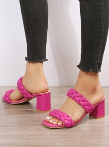 夏季時尚編織細節粗跟霓虹粉涼鞋，前帶純色麂皮拖鞋 - 玫紅色 - 查看 1