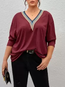 SHEIN LUNE Plus Size Women's V-Neck Ribbed Lace Patchwork Green T-Shirt For Autumn & Winter - Burgundy - View 1