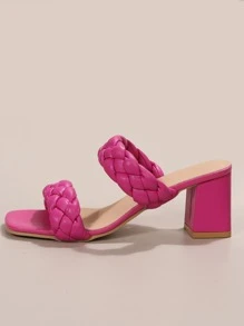 夏季時尚編織細節粗跟霓虹粉涼鞋，前帶純色麂皮拖鞋 - 玫紅色 - 查看 5