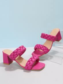 夏季時尚編織細節粗跟霓虹粉涼鞋，前帶純色麂皮拖鞋 - 玫紅色 - 查看 7