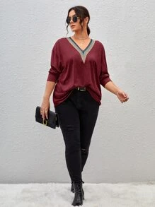 SHEIN LUNE Plus Size Women's V-Neck Ribbed Lace Patchwork Green T-Shirt For Autumn & Winter - Burgundy - View 4