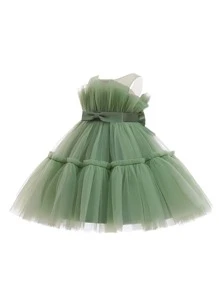 Princess Tulle Dress With Bow Tie, Suitable For Party, Banquet, Birthday, Does Not Include Headband - Green - View 3