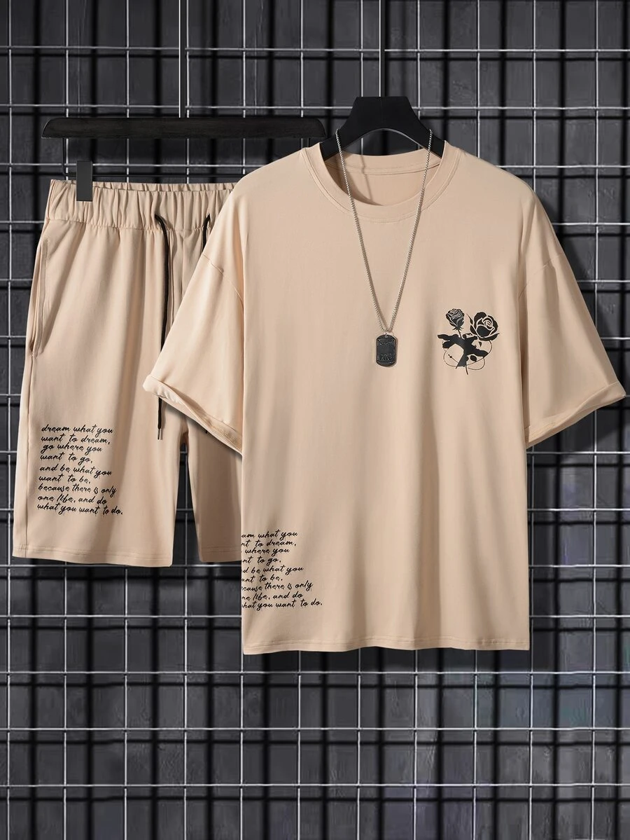 Manfinity Hypemode Hombres Camiseta con estampado de slogan & Shorts de cintura con cordón - Caqui - Ver 1