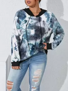 SHEIN LUNE Plus Tie Dye Drop Shoulder Drawstring Hoodie - Multicolor - View 6