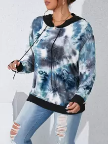 SHEIN LUNE Plus Tie Dye Drop Shoulder Drawstring Hoodie - Multicolor - View 4