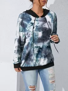 SHEIN LUNE Plus Tie Dye Drop Shoulder Drawstring Hoodie - Multicolor - View 5