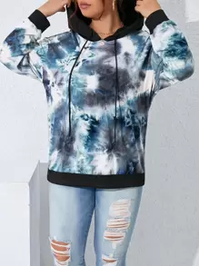 SHEIN LUNE Plus Tie Dye Drop Shoulder Drawstring Hoodie - Multicolor - View 7