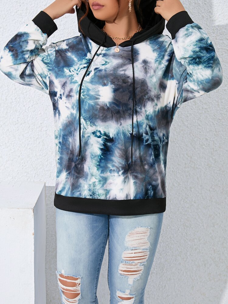 SHEIN LUNE Plus Tie Dye Drop Shoulder Drawstring Hoodie - Multicolor - View 7
