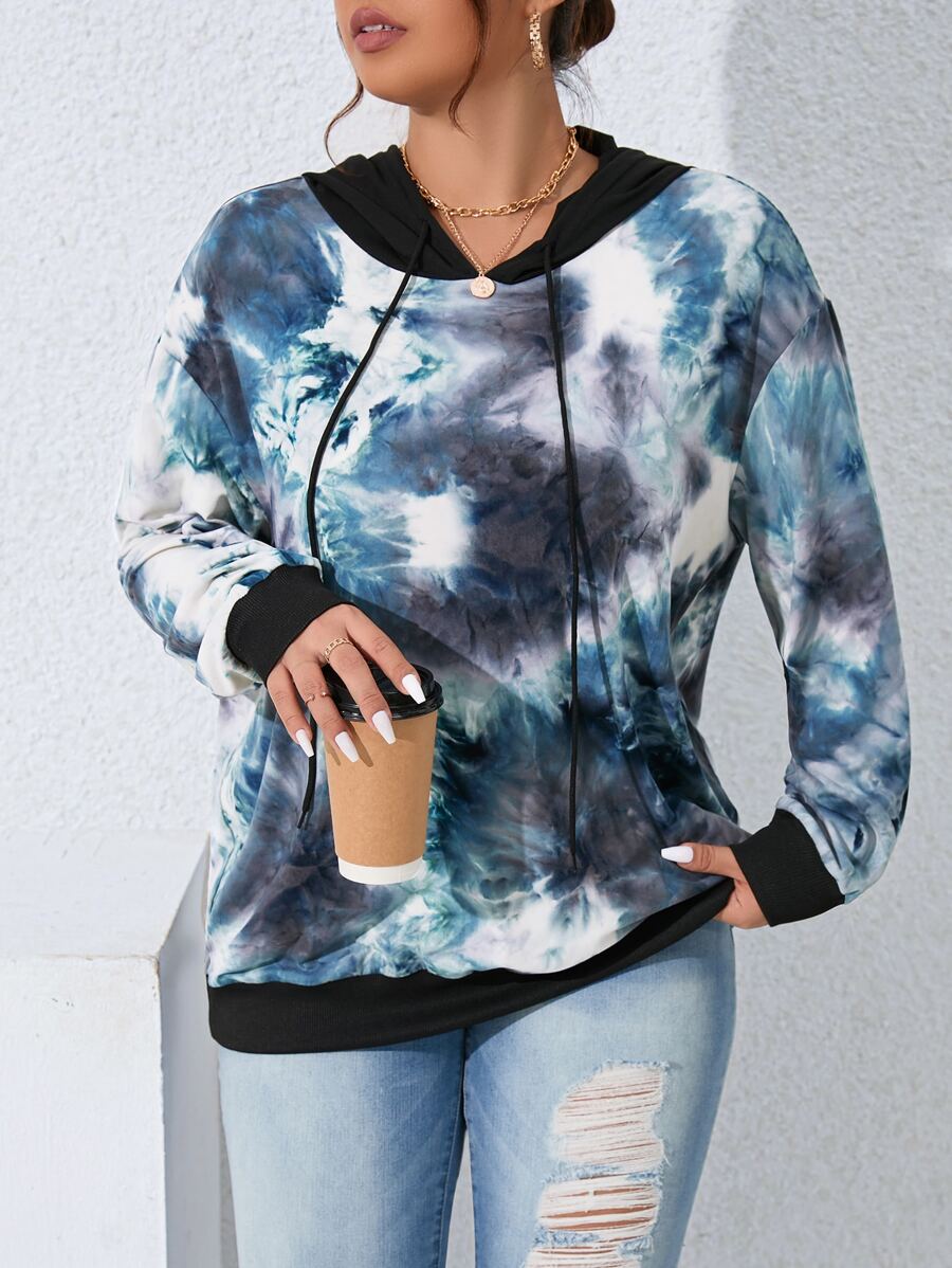 SHEIN LUNE Plus Tie Dye Drop Shoulder Drawstring Hoodie - Multicolor - View 1