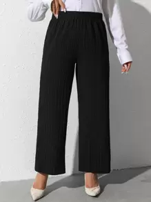 Mulvari Pantalones de pierna ancha de cintura elástica tejido de canalé sin cinturón - Negro - Ver 1