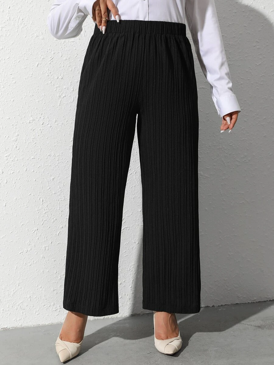 Mulvari Pantalones de pierna ancha de cintura elástica tejido de canalé sin cinturón - Negro - Ver 1