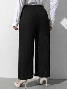 Mulvari Pantalones de pierna ancha de cintura elástica tejido de canalé sin cinturón - Negro - Ver 2