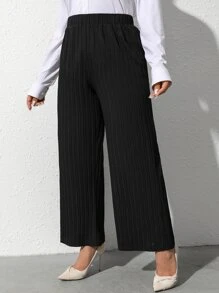 Mulvari Pantalones de pierna ancha de cintura elástica tejido de canalé sin cinturón - Negro - Ver 3