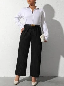 Mulvari Pantalones de pierna ancha de cintura elástica tejido de canalé sin cinturón - Negro - Ver 4