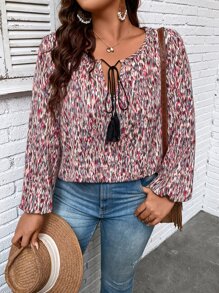 SHEIN LUNE 大碼滿版印花繫帶領燈籠袖襯衫 - 彩色 - 查看 5