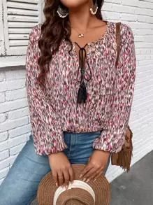 SHEIN LUNE 大碼滿版印花繫帶領燈籠袖襯衫 - 彩色 - 查看 7