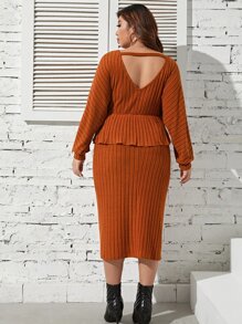 Celure Plus Batwing Sleeve Peplum Top & Skirt - Rust Brown - View 2