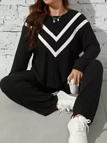 SHEIN LUNE 大碼鋸齒形印花落肩袖衛衣和衛褲 - 黑色 - 查看 1