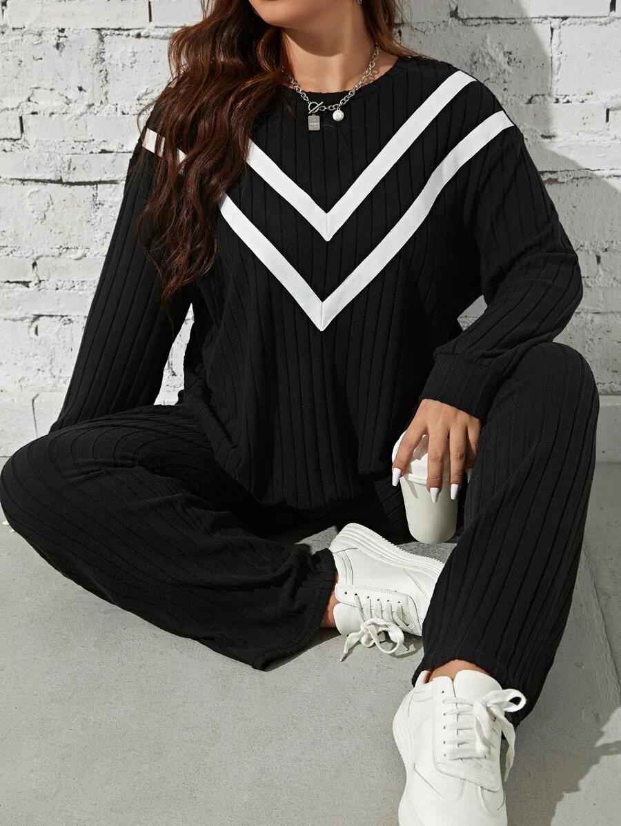 SHEIN LUNE 大碼鋸齒形印花落肩袖衛衣和衛褲 - 黑色 - 查看 1