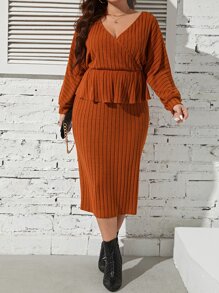 Celure Plus Batwing Sleeve Peplum Top & Skirt - Rust Brown - View 4