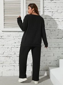 SHEIN LUNE 大碼鋸齒形印花落肩袖衛衣和衛褲 - 黑色 - 查看 2