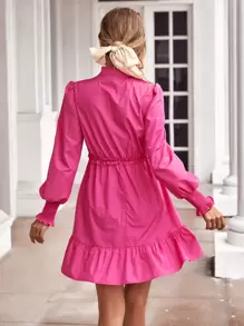 GENKIRA Mock Neck Frill Trim Ruffle Hem Dress Workwear - Pink - View 2