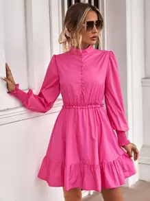 GENKIRA Mock Neck Frill Trim Ruffle Hem Dress Workwear - Pink - View 3