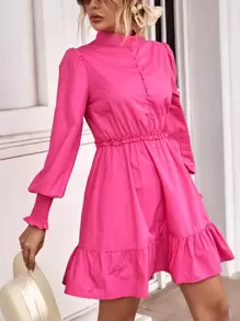 GENKIRA Mock Neck Frill Trim Ruffle Hem Dress Workwear - Pink - View 4