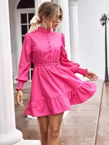 GENKIRA Mock Neck Frill Trim Ruffle Hem Dress Workwear - Pink - View 5